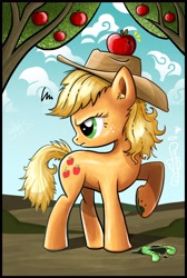 Size: 4100x6100 | Tagged: safe, artist:makingpicsslowly, applejack, earth pony, pony, worm, absurd resolution, apple, ear fluff, looking back, loose hair, obligatory apple, raised hoof, solo