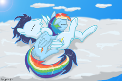 Size: 778x519 | Tagged: safe, artist:isegrim87, rainbow dash, soarin', pegasus, pony, female, male, shipping, soarindash, straight