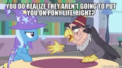 Size: 600x337 | Tagged: safe, derpibooru import, edit, edited screencap, screencap, grampa gruff, trixie, griffon, pony, a horse shoe-in, caption, female, image macro, male, mare, text