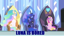 Size: 1266x720 | Tagged: safe, screencap, princess cadance, princess celestia, princess luna, alicorn, pony, equestria games (episode), equestria games, image macro, meme, yawn