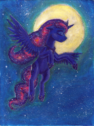 Size: 900x1210 | Tagged: safe, artist:sa1ntmax, princess luna, alicorn, pony, acrylic painting, flying, moon, solo, spread wings, stars, traditional art