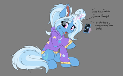 Size: 1920x1200 | Tagged: safe, artist:lunar froxy, derpibooru import, trixie, pony, unicorn, alternate hairstyle, babysitter trixie, cheek fluff, clothes, ear fluff, female, fluffy, gameloft interpretation, gray background, hoodie, looking at you, mare, phone, pigtails, simple background, sitting, solo, twintails