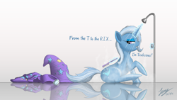 Size: 6000x3376 | Tagged: safe, artist:duskie-06, derpibooru import, trixie, pony, unicorn, bathing, brush, chest fluff, female, glowing horn, levitation, licious, magic, magic aura, mare, reflection, shower, solo, telekinesis, trixie's cape, trixie's hat, trixilicious