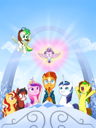 Size: 1024x1365 | Tagged: safe, artist:sycotei-b, princess cadance, princess flurry heart, shining armor, sunburst, oc, oc:buckweiser, oc:flying spirit, oc:pun salad, oc:toasted ravioli, alicorn, pony, unicorn, baby, blushing, cape, clothes, crystal empire, diaper, eyes closed, facial hair, flying, glasses, goatee, goggles, happy, mascot, open mouth, st. louis crystal fair