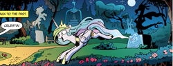 Size: 895x342 | Tagged: safe, artist:andypriceart, idw, discord, princess celestia, alicorn, pony, spoiler:comic, spoiler:comic19, bucking, happy, horses doing horse things, open mouth, panel, running, sillestia, silly, silly pony, smiling, solo, tongue out, wide eyes