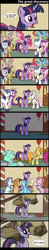 Size: 1682x8501 | Tagged: safe, artist:bredgroup, artist:true line translators, applejack, berry punch, berryshine, carrot top, fluttershy, golden harvest, lyra heartstrings, nurse redheart, pinkie pie, princess cadance, rainbow dash, rarity, shining armor, twilight sparkle, twilight sparkle (alicorn), alicorn, earth pony, pegasus, pony, unicorn, fallout equestria, the one where pinkie pie knows, abandoned, catatonic, clothes, colored hooves, comic, cowboy hat, cutie mark, day, dead tree, delayed reaction, female, floppy ears, flying, glasses, grin, gritted teeth, hat, hooves, horn, immortality, immortality blues, jewelry, male, mane six, mare, night, older, open mouth, raised hoof, regalia, ruins, sad, smiling, spider web, spread wings, stallion, tiara, tree, wings