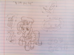 Size: 1280x956 | Tagged: safe, artist:petea-copine, derpibooru import, trixie, pony, unicorn, clothes, cook, female, food, lined paper, mare, sketch, solo, traditional art, waitress