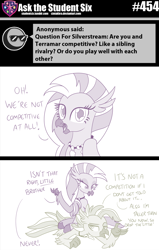 Size: 800x1258 | Tagged: safe, artist:sintakhra, silverstream, terramar, classical hippogriff, hippogriff, tumblr:studentsix, 2 panel comic, ask, brother and sister, comic, female, jewelry, looking at each other, looking at you, male, necklace, siblings, sitting, sitting on person, stair keychain, terramar is not amused, unamused