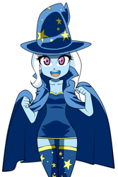 Size: 800x1200 | Tagged: safe, artist:nekojackun, derpibooru import, trixie, equestria girls, cape, clothes, dress, female, hat, minidress, simple background, solo, trixie's cape, trixie's hat, white background