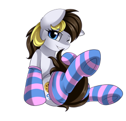 Size: 2918x2814 | Tagged: safe, artist:pridark, oc, oc only, oc:double take, pony, clothes, female, looking at you, mare, one eye closed, simple background, smiling, socks, solo, stockings, striped socks, thigh highs, transparent background, wink