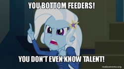 Size: 800x446 | Tagged: safe, derpibooru import, edit, edited screencap, screencap, trixie, equestria girls, rainbow rocks, caption, culture shock, image macro, meme, spongebob squarepants, trixie yells at everything