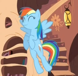 Size: 432x423 | Tagged: safe, screencap, rainbow dash, pegasus, pony, magic duel, eyes closed, flying, smiling