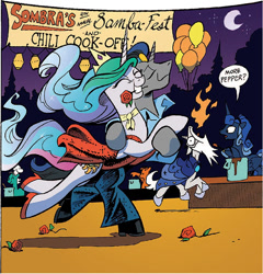 Size: 789x823 | Tagged: safe, artist:andypriceart, idw, king sombra, princess celestia, princess luna, star swirl the bearded, alicorn, pony, spoiler:comic, spoiler:comic19, artemis luna, bipedal, celestibra, chilli, clothes, cute, cutelestia, dancing, dress, eyes closed, female, fire, fire breath, food, good king sombra, grin, high heels, male, mouth hold, open mouth, rose, shipping, smiling, sombradorable, straight, wide eyes