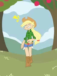 Size: 768x1024 | Tagged: safe, artist:emptyapple, applejack, human, applejack's hat, blonde, blonde hair, clothes, female, humanized, solo