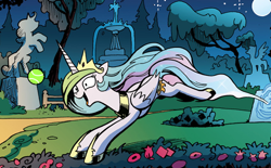 Size: 550x342 | Tagged: source needed, safe, edit, idw, princess celestia, alicorn, pony, spoiler:comic, spoiler:comic19, chase, eyes on the prize, fetch, happy, open mouth, playing, pronking, sillestia, silly, silly pony, smiling, solo, tennis ball, wide eyes