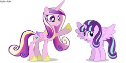 Size: 2000x1000 | Tagged: safe, artist:asika-aida, princess cadance, starlight glimmer, alicorn, pony, alicornified, confused, grin, simple background, smiling, starlicorn, transparent background, what have you done?!, xk-class end-of-the-world scenario