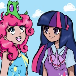 Size: 500x500 | Tagged: safe, gummy, pinkie pie, twilight sparkle, clothes, duo female, female, humanized