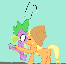 Size: 465x453 | Tagged: artist needed, safe, applejack, spike, dragon, earth pony, pony, applespike, female, kissing, male, shipping, straight, surprise kiss, surprised, tailboner