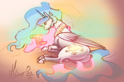 Size: 2420x1598 | Tagged: safe, artist:alumx, princess celestia, alicorn, pony, 30 minute art challenge, letter, plot, prone, reading, solo