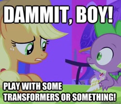 Size: 431x370 | Tagged: safe, edit, edited screencap, screencap, applejack, spike, dragon, earth pony, pony, caption, image macro, joke, meme, royal wedding, toy, transformers, vulgar