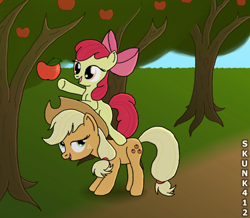 Size: 900x783 | Tagged: safe, artist:skunk412, apple bloom, applejack, earth pony, pony, apple, apple tree, female, food, ponies riding ponies, sisters, tree