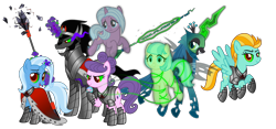 Size: 9000x4200 | Tagged: safe, artist:ggalleonalliance, artist:osipush, derpibooru import, idw, coco pommel, king sombra, lightning dust, queen chrysalis, radiant hope, suri polomare, trixie, changeling, changeling queen, earth pony, ghost, pegasus, pony, unicorn, absurd resolution, alternate universe, armor, bad end, chains, cursed union, dark magic, female, glowing eyes, glowing horn, harem, heroes of might and magic, king sombra gets all the mares, lucky bastard, magic, male, mare, ponies of flight and magic, simple background, sombra eyes, spear, staff, stallion, telekinesis, transparent background, weapon