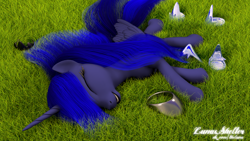 Size: 1920x1080 | Tagged: safe, artist:thelunagames, princess luna, alicorn, pony, 3d, cinema4d, eyes closed, grass, on side, open mouth, sai, solo