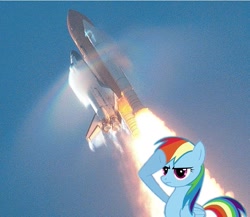 Size: 689x599 | Tagged: safe, rainbow dash, pegasus, pony, blue coat, female, irl, mare, multicolored mane, solo, sonic rainboom, space shuttle