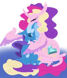 Size: 899x1052 | Tagged: safe, artist:goatpaste, derpibooru import, princess cadance, trixie, alicorn, pony, unicorn, female, hug, lesbian, mare, shipping, tridance, winghug