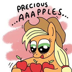 Size: 651x646 | Tagged: safe, artist:muzza299, applejack, earth pony, pony, apple, creepy, gollum