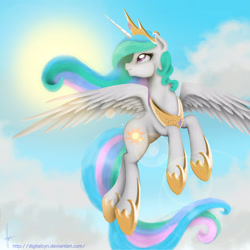 Size: 2900x2900 | Tagged: safe, artist:digitalcyn, princess celestia, alicorn, pony, flying, solo, sun