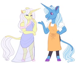 Size: 1024x854 | Tagged: safe, artist:uunicornicc, derpibooru import, lily lace, trixie, anthro, unguligrade anthro, unicorn, apron, blouse, clothes, cloven hooves, dress, duo, female, laughing, leonine tail, mare, pants, see-through, simple background, white background