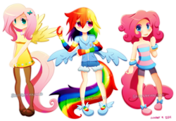 Size: 1087x750 | Tagged: safe, artist:sandrathachao, fluttershy, pinkie pie, rainbow dash, humanized, tailed humanization, winged humanization