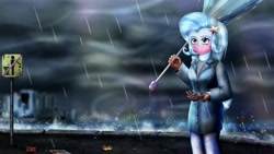 Size: 3840x2160 | Tagged: safe, artist:bloodtoon, derpibooru import, trixie, equestria girls, 4k, city, cloud, face mask, panhandling, poor, rain, trixie is poor, umbrella, wind