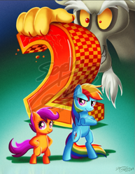 Size: 561x727 | Tagged: safe, artist:sewyouplushiethings, discord, rainbow dash, scootaloo, pegasus, pony, bipedal, box art, crossed hooves, crossover, glare, grin, looking at you, parody, smiling, sonic 2, sonic the hedgehog (series), sonic the hedgehog 2, video game