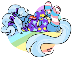Size: 3500x2888 | Tagged: safe, artist:befishproductions, derpibooru import, trixie, pony, unicorn, alternate hairstyle, babysitter trixie, blushing, clothes, cute, diatrixes, eyes closed, female, flag, gameloft, gameloft interpretation, gay pride flag, heart, hoodie, lesbian pride flag, mouth hold, on back, pigtails, pride, pride flag, pride month, signature, simple background, socks, striped socks, thigh highs, trans girl, trans trixie, transgender, transgender pride flag, twintails, white background