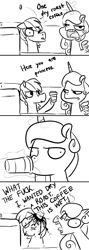 Size: 680x1920 | Tagged: safe, artist:glacierclear, princess cadance, alicorn, pony, burning, burns, coffee, comic, derp, faic, floppy ears, frown, funny, funny as hell, glare, hoof hold, magic, monochrome, open mouth, ouch, princess bitchdance, sketch, telekinesis, tongue out, vulgar, wide eyes, yelling