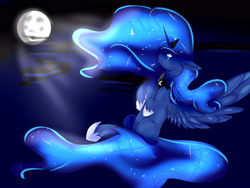 Size: 4000x3000 | Tagged: dead source, safe, artist:sunshinejoyyt, princess luna, alicorn, pony, chest fluff, crepuscular rays, crying, ear fluff, flying, moon, night, solo