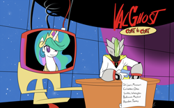 Size: 1920x1200 | Tagged: safe, artist:valcron, princess celestia, alicorn, human, pony, duo, female, horn, mare, space ghost coast to coast, wings