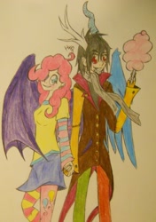 Size: 630x894 | Tagged: safe, artist:haterthepony, discord, pinkie pie, cotton candy, discopie, female, food, horned humanization, humanized, male, shipping, straight, winged humanization