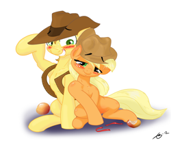 Size: 1280x1054 | Tagged: safe, artist:gavalanche, applejack, braeburn, earth pony, pony, mentally advanced series, blushing, braejack, cousin incest, female, incest, loose hair, male, shipping, straight