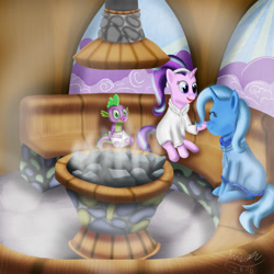 Size: 2000x2000 | Tagged: safe, artist:misiekpl, derpibooru import, spike, starlight glimmer, trixie, dragon, pony, unicorn, female, male, mare, sauna, spa, towel