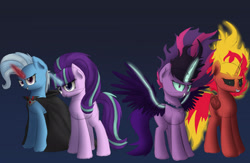 Size: 2041x1332 | Tagged: safe, artist:vanillaghosties, derpibooru import, midnight sparkle, sci-twi, starlight glimmer, sunset satan, sunset shimmer, trixie, twilight sparkle, pony, unicorn, equestria girls, alicorn amulet, equestria girls ponified, midnightsatan, ponified, redraw, twilight's counterparts