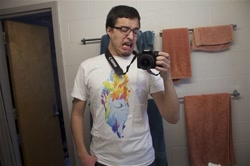 Size: 610x406 | Tagged: safe, rainbow dash, pegasus, pony, clothes, glasses, photo, t-shirt