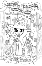 Size: 1389x2166 | Tagged: safe, artist:ciaran, derpibooru exclusive, derpibooru import, trixie, pony, unicorn, curtains, food, lineart, looking at you, monochrome, pomegranate, scroll, smiling, solo, stage, tarot card, tarot:once upon a time, trixie's hat