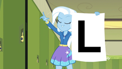 Size: 1920x1080 | Tagged: safe, derpibooru import, edit, edited screencap, screencap, trixie, better together, equestria girls, forgotten friendship, canterlot high, clothes, discovery family logo, eyes closed, female, hallway, hoodie, lockers, meme, skirt, take the l, trixie's poster