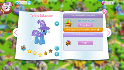 Size: 1136x640 | Tagged: safe, derpibooru import, sweetie belle, trixie, pony, unicorn, cape, clothes, female, filly, game screencap, gameloft, hat, mare, stars, trixie's cape, trixie's hat