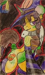 Size: 400x662 | Tagged: source needed, useless source url, safe, artist:andandampersand, oc, oc only, oc:pumpkin witch emily, unicorn, belly button, candy, candy corn, cape, clothes, collar, dark background, food, hat, piercing, pumpkin, signature, stockings, thigh highs, traditional art, witch, witch hat