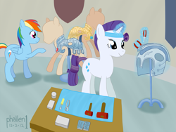 Size: 1457x1098 | Tagged: safe, artist:phallen1, rainbow dash, rarity, pegasus, pony, unicorn, armor, crystal guard armor