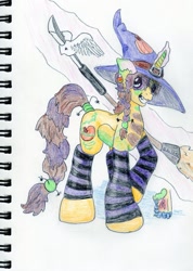 Size: 755x1059 | Tagged: safe, artist:andandampersand, oc, oc only, oc:pumpkin witch emily, spider, unicorn, broom, candy, candy corn, clothes, food, hat, magic, signature, simple background, stockings, thigh highs, traditional art, white background, witch, witch hat